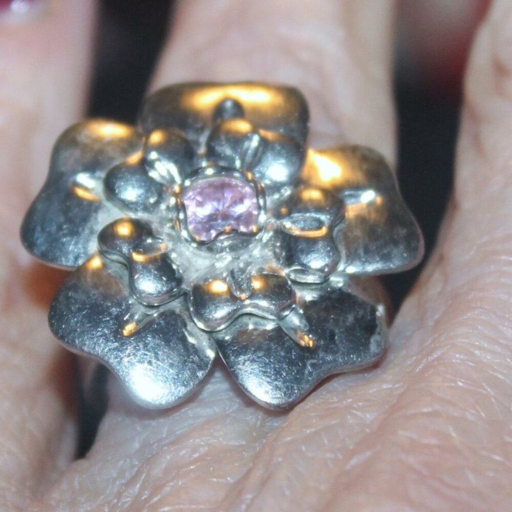 925 Sterling Ornate Flower Statement Cocktail Ring w Pink Sapphire